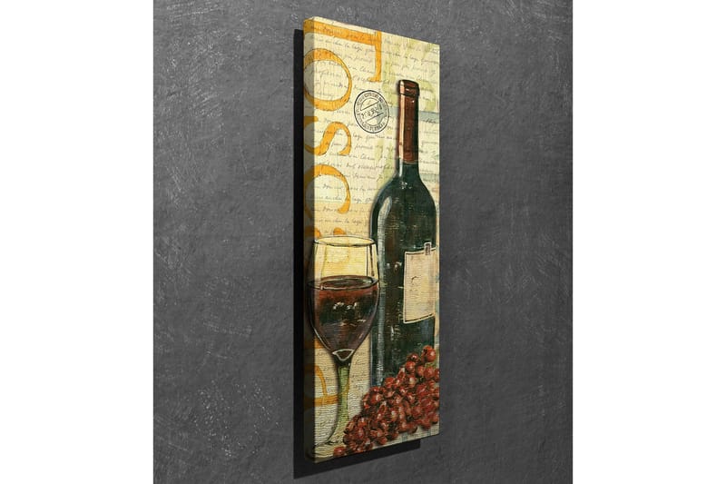 Lerretsbilde 30x80 cm - Vinflaske med glass og druer - Mørk grønn / Rød / Brun - Interiør - Maleri & posters - Lerretsbilder