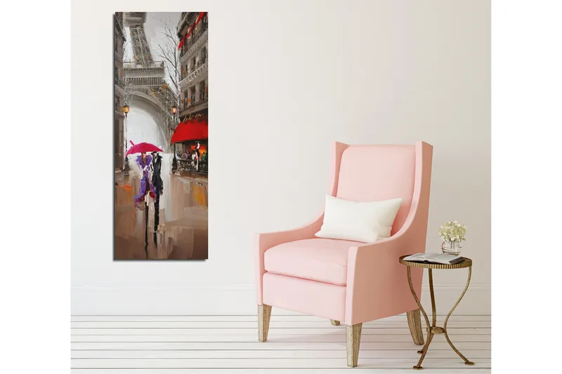 Lerretsbilde 30x80 cm - Paris-biler under regnet med fargerike paraplyer - Rød / Lilla / Grå - Interiør - Maleri & posters - Lerretsbilder