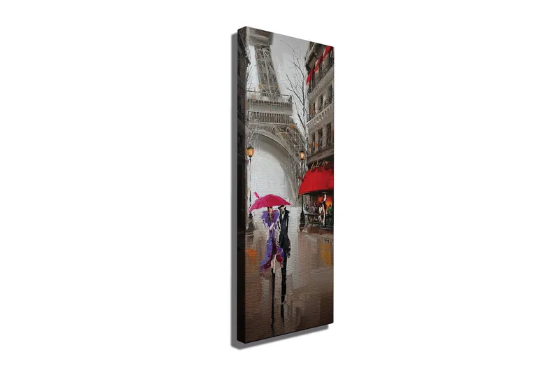 Lerretsbilde 30x80 cm - Paris-biler under regnet med fargerike paraplyer, Rød / Lilla / Grå