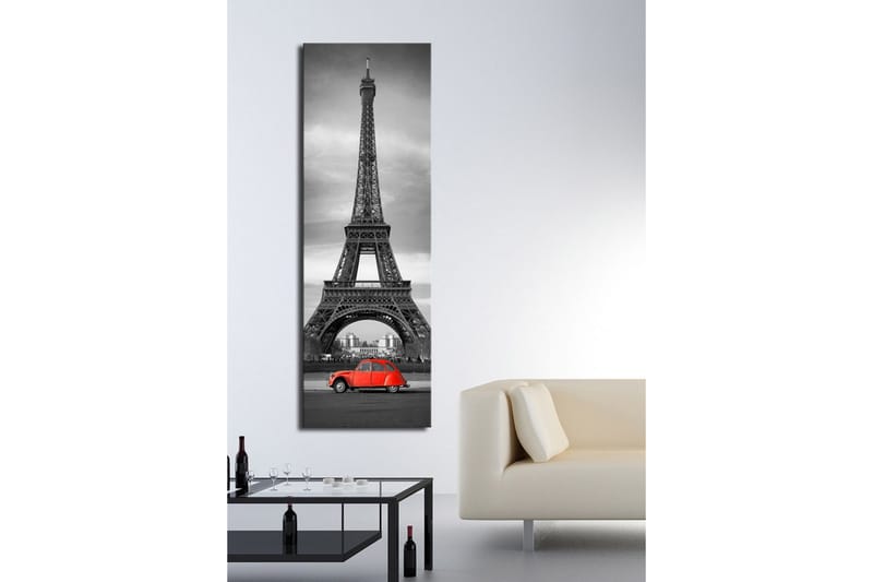 Lerretsbilde 30x90 cm - Rød bil foran Eiffeltårnet i svart-hvitt - Rød / Svart / Grå - Interiør - Maleri & posters - Lerretsbilder