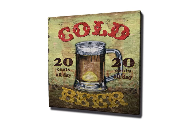 Lerretsbilde 45x45 cm - Ølkrus med teksten Cold Beer og prisinformasjon, Grønn / Brun / Rød