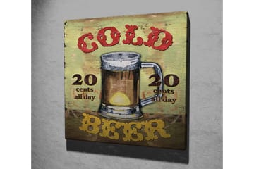 Lerretsbilde 45x45 cm - Ølkrus med teksten Cold Beer og prisinformasjon - Grønn / Brun / Rød - Interiør - Maleri & posters - Lerretsbilder