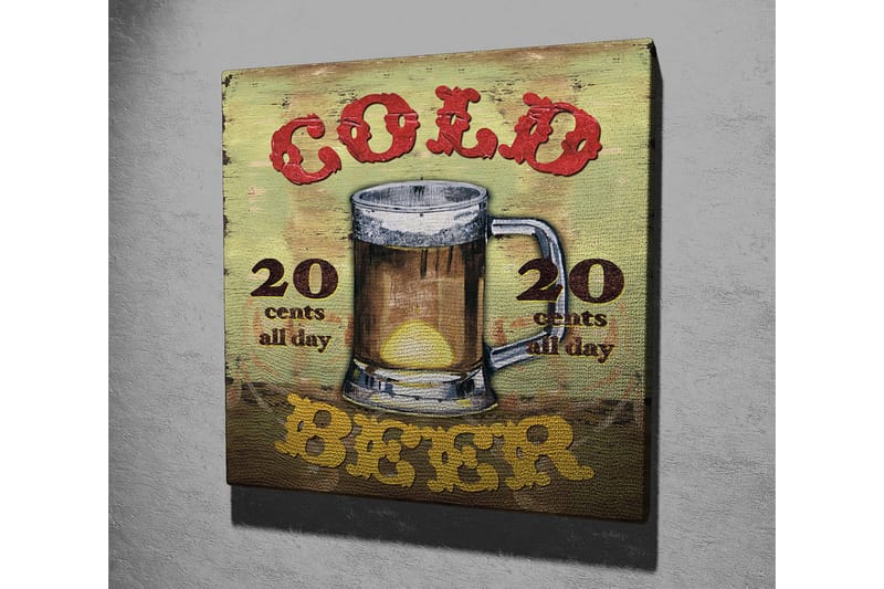 Lerretsbilde 45x45 cm - Ølkrus med teksten Cold Beer og prisinformasjon - Grønn / Brun / Rød - Interiør - Maleri & posters - Lerretsbilder