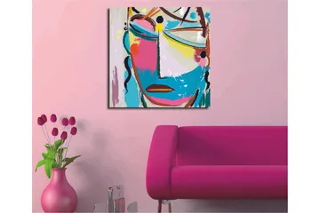 Lerretsbilde 45x45 cm - Abstrakt ansikt med fargerike elementer - Blå / Rosa / Gul - Interiør - Maleri & posters - Lerretsbilder
