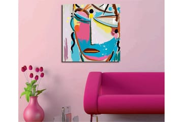 Lerretsbilde 45x45 cm - Abstrakt ansikt med fargerike elementer - Blå / Rosa / Gul - Interiør - Maleri & posters - Lerretsbilder