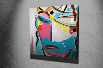 Lerretsbilde 45x45 cm - Abstrakt ansikt med fargerike elementer - Blå / Rosa / Gul - Interiør - Maleri & posters - Lerretsbilder