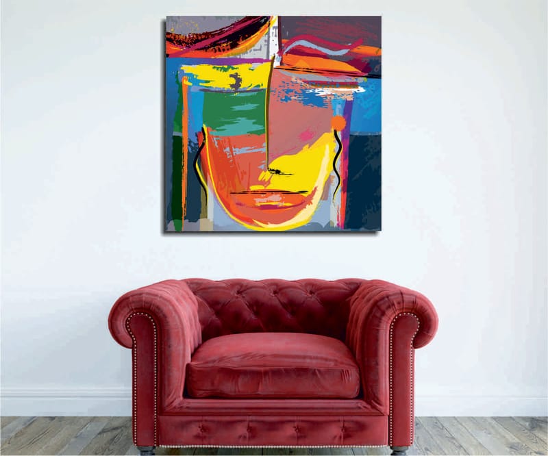 Lerretsbilde 45x45 cm - Abstrakt ansikt med sterke farger og geometriske former, Gul / Grønn / Blå