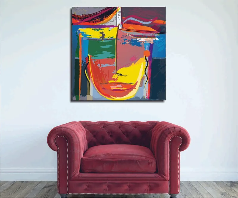 Lerretsbilde 45x45 cm - Abstrakt ansikt med sterke farger og geometriske former, Gul / Grønn / Blå