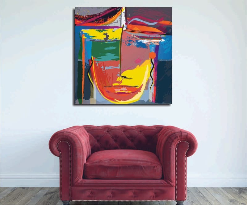 Lerretsbilde 45x45 cm - Abstrakt ansikt med sterke farger og geometriske former, Gul / Grønn / Blå