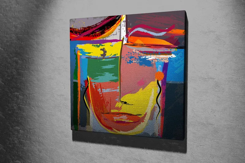 Lerretsbilde 45x45 cm - Abstrakt ansikt med sterke farger og geometriske former - Gul / Grønn / Blå - Interiør - Maleri & posters - Lerretsbilder