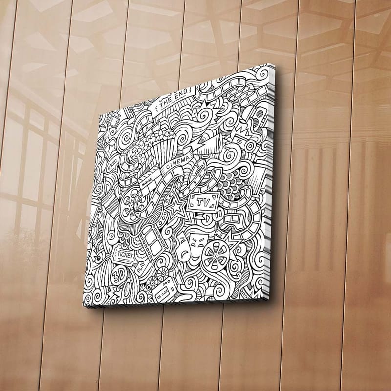Lerretsbilde 45x45 cm - Abstrakt komposisjon av film- og teaterrelaterte symboler - Svart / Hvit - Interiør - Maleri & posters - Lerretsbilder