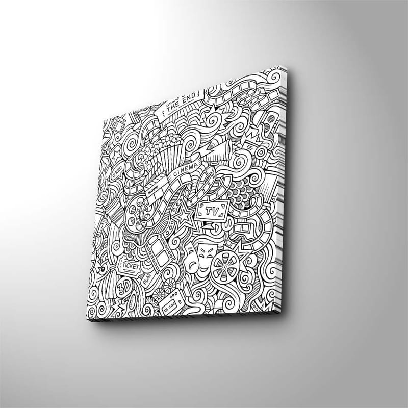 Lerretsbilde 45x45 cm - Abstrakt komposisjon av film- og teaterrelaterte symboler, Svart / Hvit