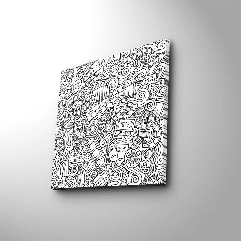 Lerretsbilde 45x45 cm - Abstrakt komposisjon av film- og teaterrelaterte symboler, Svart / Hvit