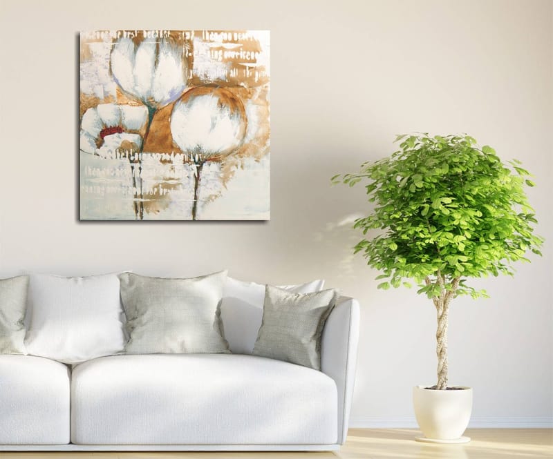 Lerretsbilde 45x45 cm - Abstrakt komposisjon med blomster i lyse toner, Hvit / Beige / Brun