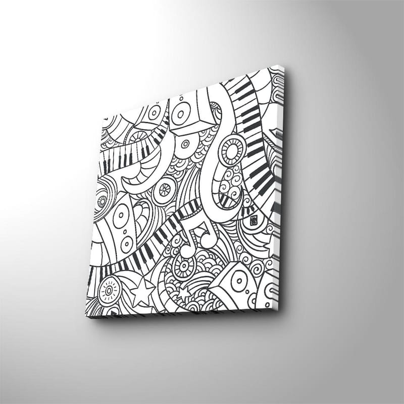 Lerretsbilde 45x45 cm - Abstrakt komposisjon med musikalske elementer og mønstre, Svart / Hvit