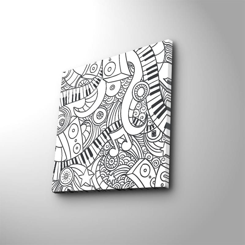 Lerretsbilde 45x45 cm - Abstrakt komposisjon med musikalske elementer og mønstre, Svart / Hvit
