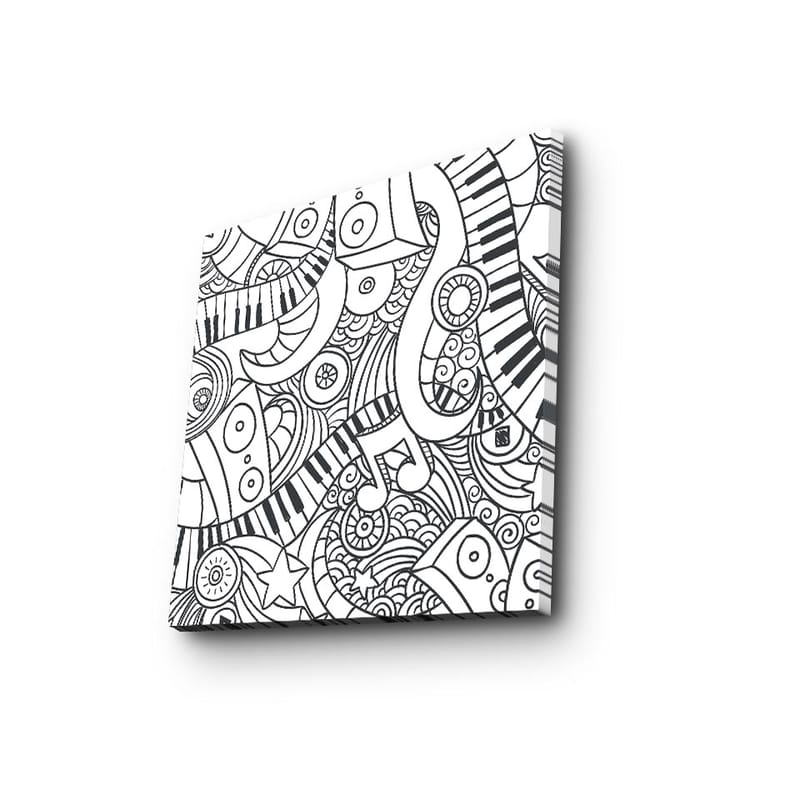 Lerretsbilde 45x45 cm - Abstrakt komposisjon med musikalske elementer og mønstre - Svart / Hvit - Interiør - Maleri & posters - Lerretsbilder
