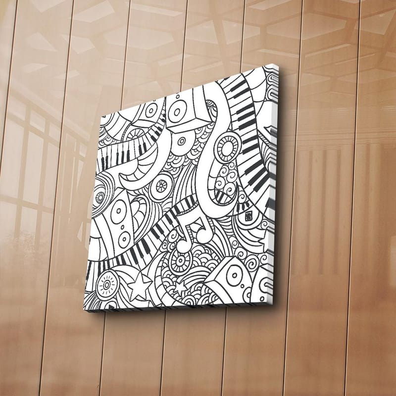Lerretsbilde 45x45 cm - Abstrakt komposisjon med musikalske elementer og mønstre - Svart / Hvit - Interiør - Maleri & posters - Lerretsbilder