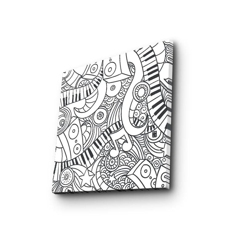 Lerretsbilde 45x45 cm - Abstrakt komposisjon med musikalske elementer og mønstre - Svart / Hvit - Interiør - Maleri & posters - Lerretsbilder