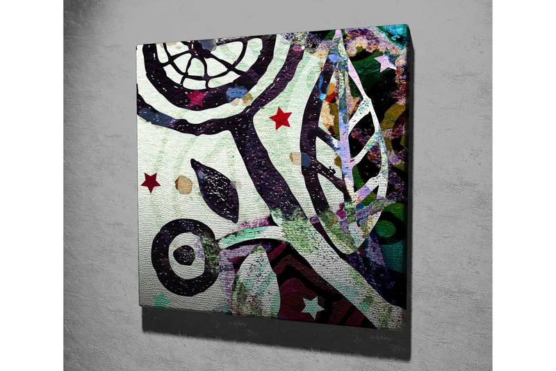 Lerretsbilde 45x45 cm - Abstrakt komposisjon med organiske former og stjerner - Grønn / Svart / Rød - Interiør - Maleri & posters - Lerretsbilder