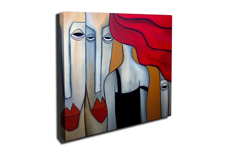Lerretsbilde 45x45 cm - Abstrakt komposisjon med stiliserte ansikter og en kvinne med rødt hår - Rød / Grå / Beige - Interiør - Maleri & posters - Lerretsbilder