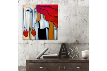 Lerretsbilde 45x45 cm - Abstrakt komposisjon med stiliserte ansikter og en kvinne med rødt hår - Rød / Grå / Beige - Interiør - Maleri & posters - Lerretsbilder