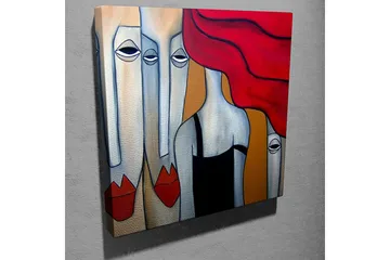 Lerretsbilde 45x45 cm - Abstrakt komposisjon med stiliserte ansikter og en kvinne med rødt hår - Rød / Grå / Beige - Interiør - Maleri & posters - Lerretsbilder