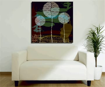 Lerretsbilde 45x45 cm - Abstrakt komposisjon med stiliserte tretopper - Grønn / Svart / Hvit - Interiør - Maleri & posters - Lerretsbilder