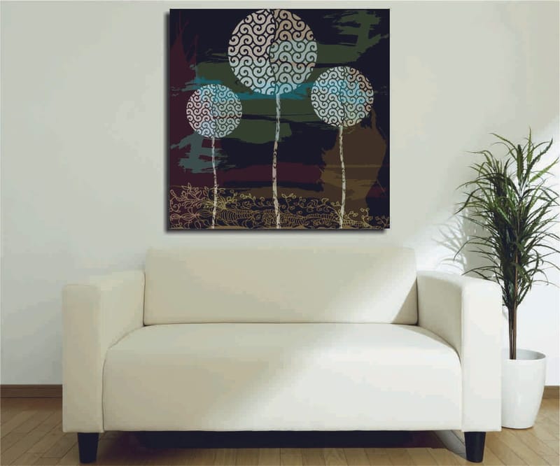 Lerretsbilde 45x45 cm - Abstrakt komposisjon med stiliserte tretopper, Grønn / Svart / Hvit