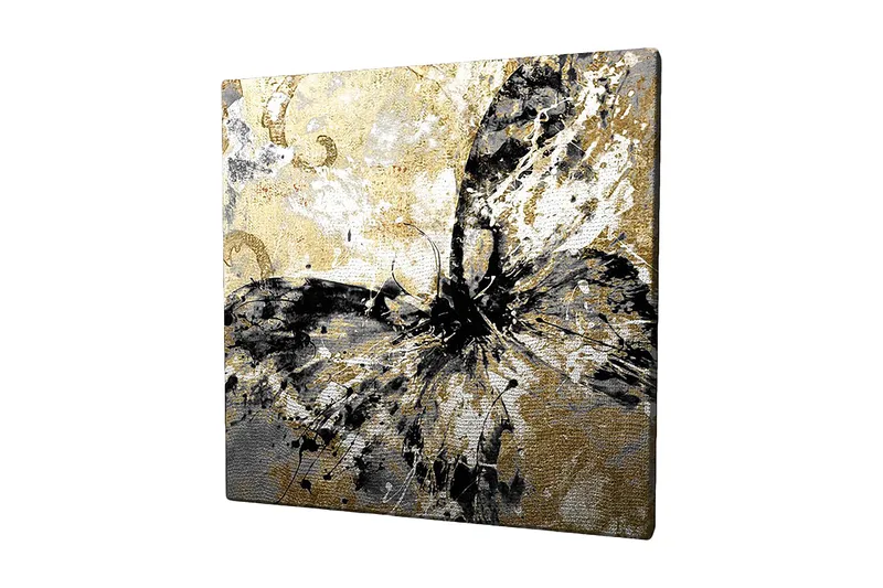 Lerretsbilde 45x45 cm - Abstrakt sommerfugl med gull- og svarte elementer, Gull / Svart / Hvit