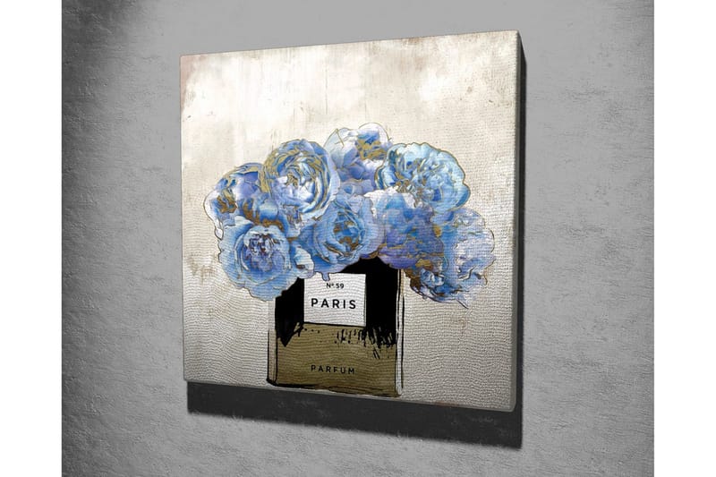 Lerretsbilde 45x45 cm - Blå roser i en parfymeflaske - Blå / Svart / Gull - Interiør - Maleri & posters - Lerretsbilder