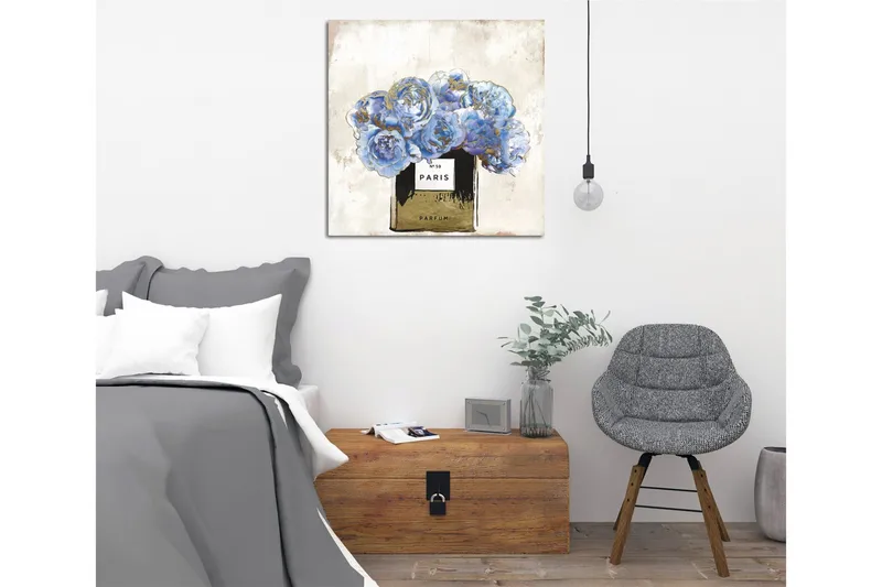 Lerretsbilde 45x45 cm - Blå roser i en parfymeflaske - Blå / Svart / Gull - Interiør - Maleri & posters - Lerretsbilder