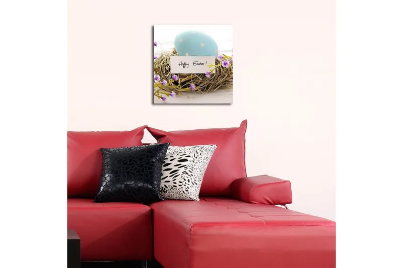 Lerretsbilde 45x45 cm - Blå påskeegg i et fuglerede med lilla blomster - Blå / Brun / Lilla - Interiør - Maleri & posters - Lerretsbilder