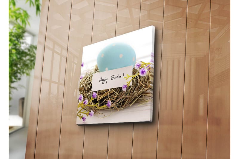 Lerretsbilde 45x45 cm - Blå påskeegg i et fuglerede med lilla blomster - Blå / Brun / Lilla - Interiør - Maleri & posters - Lerretsbilder