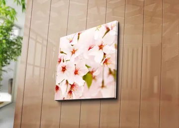 Lerretsbilde 45x45 cm - Blomstrende kirsebærblomster i pastellfarger - Lys rosa / Hvit / Grønn - Interiør - Maleri & posters - Lerretsbilder