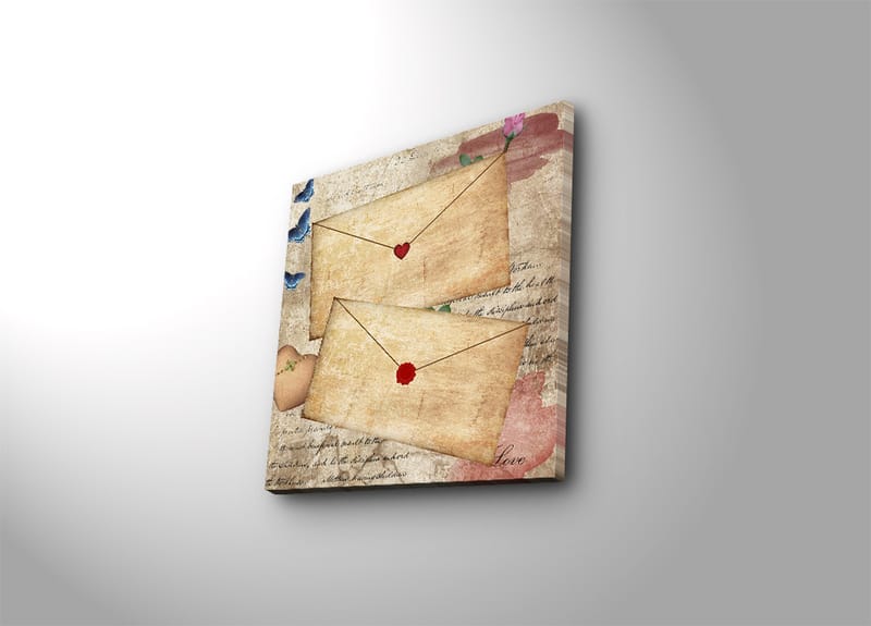 Lerretsbilde 45x45 cm - Bokstav med hjerter og blomster på gammeldags papir, Beige / Rød / Blå