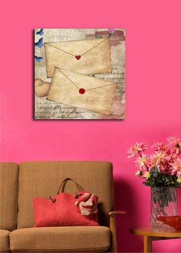 Lerretsbilde 45x45 cm - Bokstav med hjerter og blomster på gammeldags papir - Beige / Rød / Blå - Interiør - Maleri & posters - Lerretsbilder