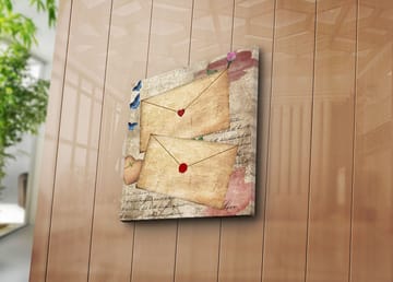 Lerretsbilde 45x45 cm - Bokstav med hjerter og blomster på gammeldags papir - Beige / Rød / Blå - Interiør - Maleri & posters - Lerretsbilder