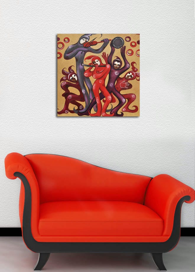 Lerretsbilde 45x45 cm - Dansende figurer i livlige røde og lilla nyanser - Rød / Lilla - Interiør - Maleri & posters - Lerretsbilder