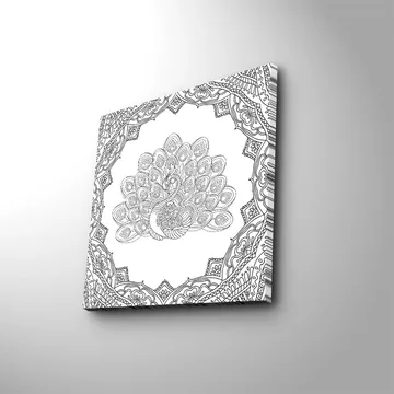 Lerretsbilde 45x45 cm - Detaljert fjærdrakt av en påfugl i en utsmykket ramme - Svart / Hvit - Interiør - Maleri & posters - Lerretsbilder