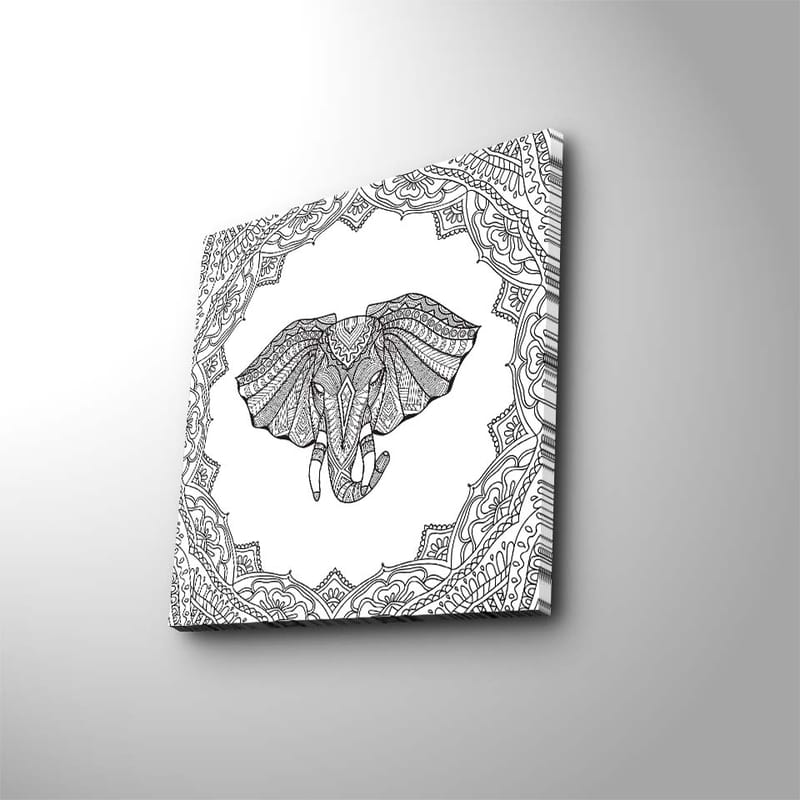 Lerretsbilde 45x45 cm - Detaljert illustrasjon av en elefant omgitt av ornamentale mønstre, Svart / Hvit