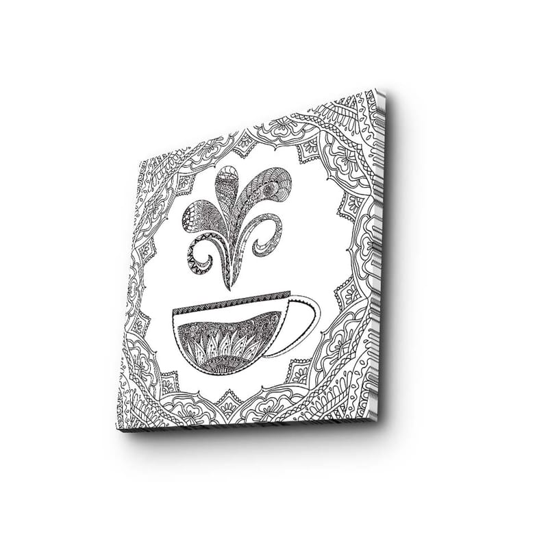 Lerretsbilde 45x45 cm - Detaljert illustrasjon av en kaffekopp med dampende mønster - Svart / Hvit - Interiør - Maleri & posters - Lerretsbilder
