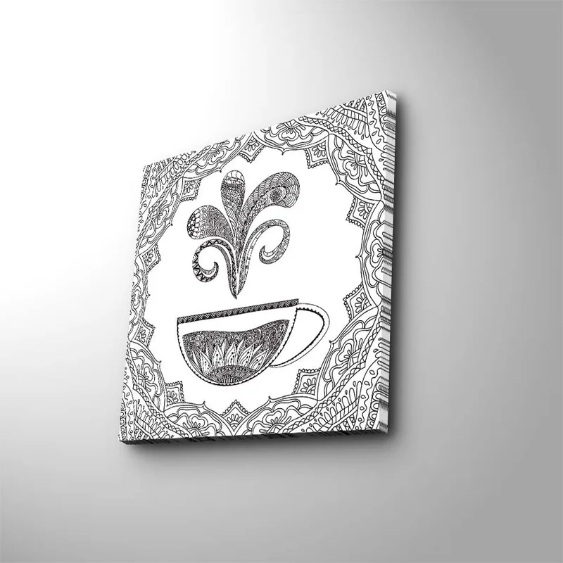 Lerretsbilde 45x45 cm - Detaljert illustrasjon av en kaffekopp med dampende mønster, Svart / Hvit