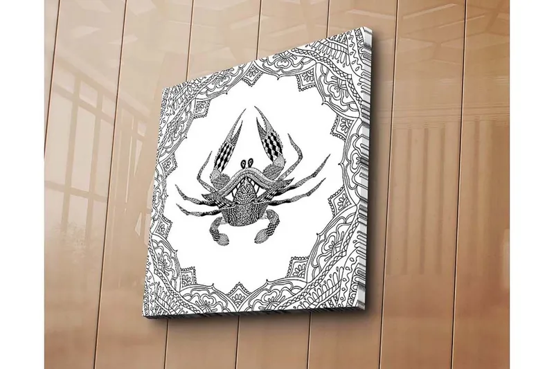 Lerretsbilde 45x45 cm - Detaljert illustrasjon av en krabbe omgitt av ornamentale mønstre - Svart / Hvit - Interiør - Maleri & posters - Lerretsbilder