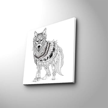 Lerretsbilde 45x45 cm - Detaljert illustrasjon av en ulv med fjær og ornamentale mønstre - Svart / Hvit - Interiør - Maleri & posters - Lerretsbilder