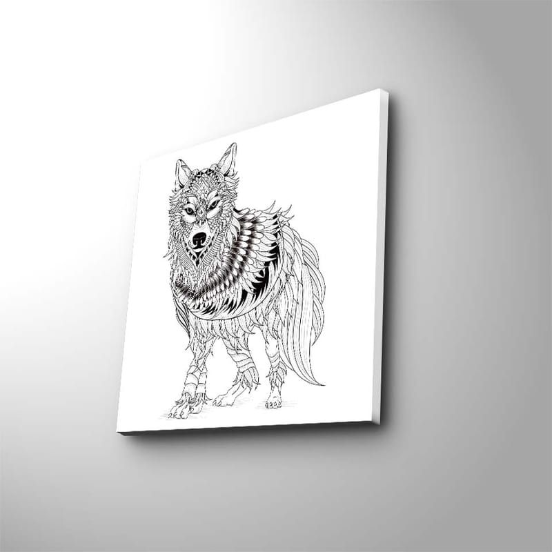 Lerretsbilde 45x45 cm - Detaljert illustrasjon av en ulv med fjær og ornamentale mønstre, Svart / Hvit