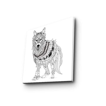 Lerretsbilde 45x45 cm - Detaljert illustrasjon av en ulv med fjær og ornamentale mønstre - Svart / Hvit - Interiør - Maleri & posters - Lerretsbilder