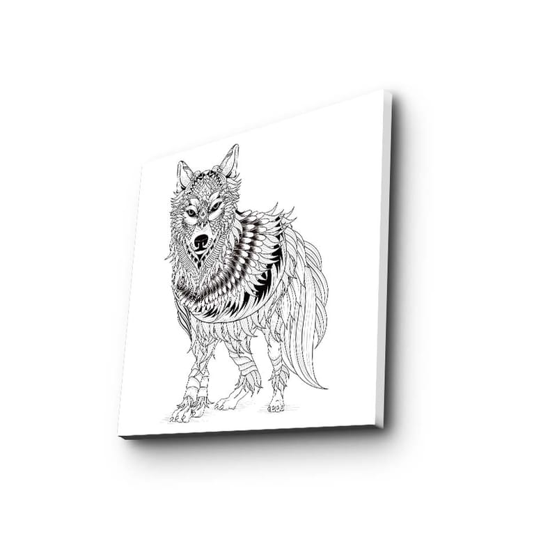Lerretsbilde 45x45 cm - Detaljert illustrasjon av en ulv med fjær og ornamentale mønstre - Svart / Hvit - Interiør - Maleri & posters - Lerretsbilder