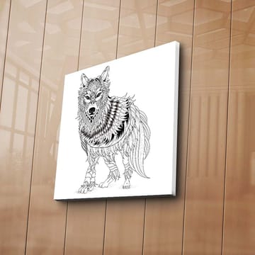 Lerretsbilde 45x45 cm - Detaljert illustrasjon av en ulv med fjær og ornamentale mønstre - Svart / Hvit - Interiør - Maleri & posters - Lerretsbilder