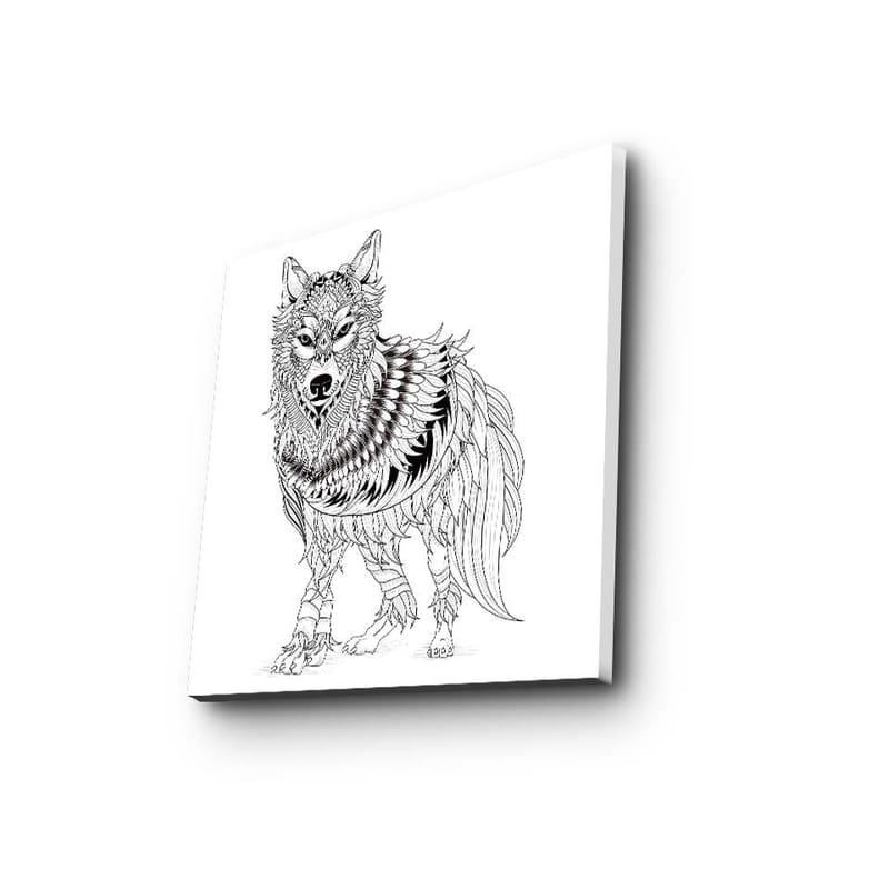 Lerretsbilde 45x45 cm - Detaljert illustrasjon av en ulv med fjær og ornamentale mønstre - Svart / Hvit - Interiør - Maleri & posters - Lerretsbilder